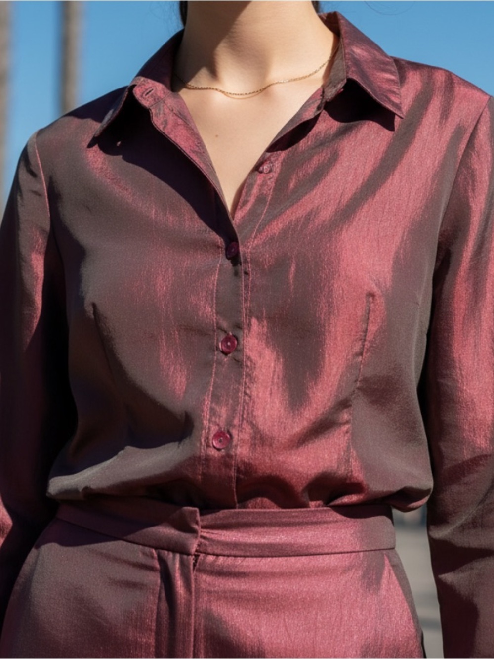 Shimmering Rose-Mauve Satin Button-Front Blouse